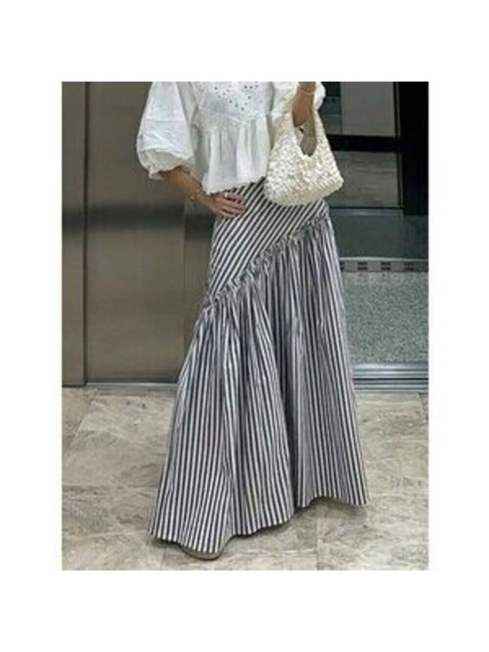 Black And White Casual Women's A-Line Striped Ruffle Hem Skirt - Picture 1 of 3